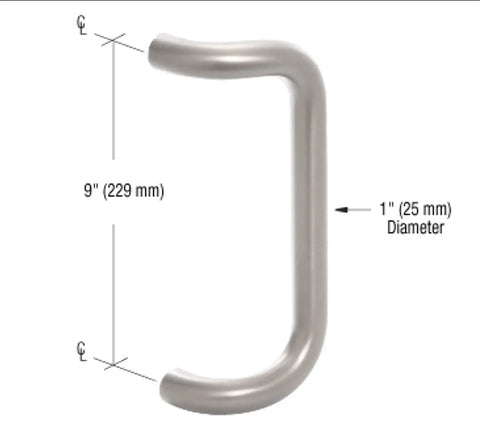 Clear Anodized 9 Inch Centerline To Centerline Heavy Duty Solid Aluminum Pull Handle With One Inch Diameter Supports And A Two And A Half Inch Projection For Standard Door Hardware Installations with 9-inch centerline and 1-inch diameter.