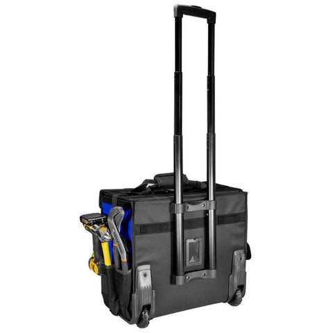 Back view of Big Rolling Tool Storage Bag Case With Wheels, mobile travel toolbox organizer featuring heavy duty telescoping handle.