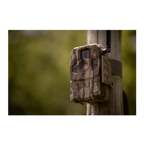 Outdoor Cellular Trail Camera With AT And T Connectivity 720p Video on wooden post for wildlife monitoring and home security
