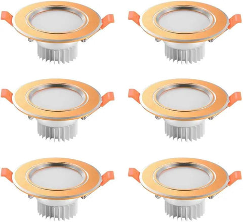 iumLeap Recessed Lighting Housing Trim Kits Indoor Spotlight Recessed Ceiling LED Downlights 6pcs in warm light with orange clips.
