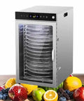 Straight Up Heavy Duty 16 Tray Commercial Stainless Steel Food Dehydrator With A Sleek Digital Interface On a fruit display.