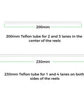 Diagram showing 200mm and 230mm Teflon tubes for CFS Feed And Return Kit For 3D Printers with specified lane positions