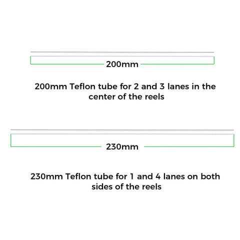 Diagram showing 200mm and 230mm Teflon tubes for CFS Feed And Return Kit For 3D Printers with specified lane positions