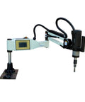 Universal Vertical Electric Tapping Machine For Metalworking, 220V Power, ISO JIS DIN Certified, 1.25m Work Area, Handles M3 To M36 Taps, DIN Chuck, Rugged Gear Driven Reducer, Overload-Protected Safety Collet shown in workshop setting.