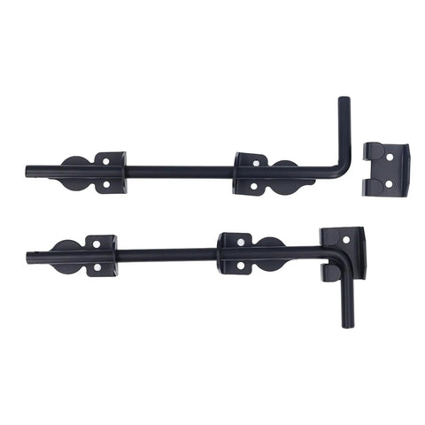 12 Inch Gate Drop Rod, Black Powder Coated Steel for Fences, viewed from the side with mounting brackets included.