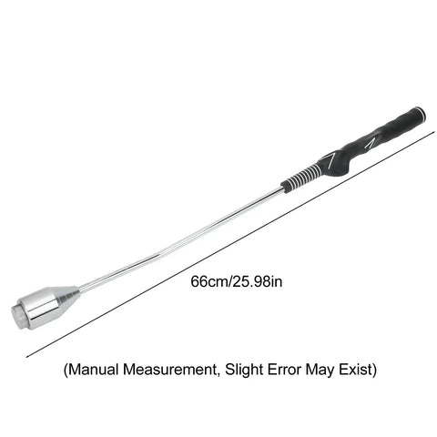 Steel Chromic Plated Golf Swing Trainer Stick For Right Hand Golfers shown with 66cm length, rubber grip, and chrome finish.