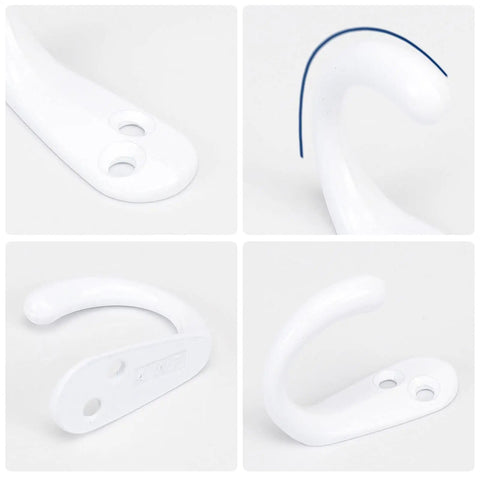 Close-up views of Heavy Duty Metal Coat Hooks Wall Mounted 10 Pack Single Prong Robe Hanger Rustproof Wall Hooks For Towel Hat Keys Bag White
