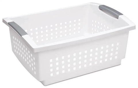 Medium Stacking Baskets Pack Of 6 With White Finish And Titanium Accents, durable plastic organizer bin for versatile storage
