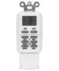 Front view of EI500WC 7 Day Single Pole Digital Time Switch for lights, fans, pumps with smart scheduling, white finish.
