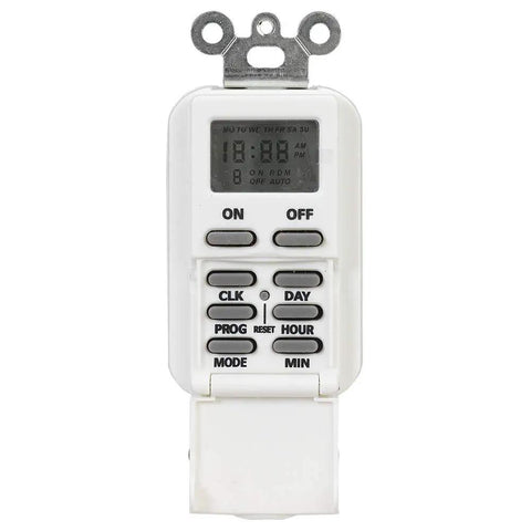 Front view of EI500WC 7 Day Single Pole Digital Time Switch for lights, fans, pumps with smart scheduling, white finish.