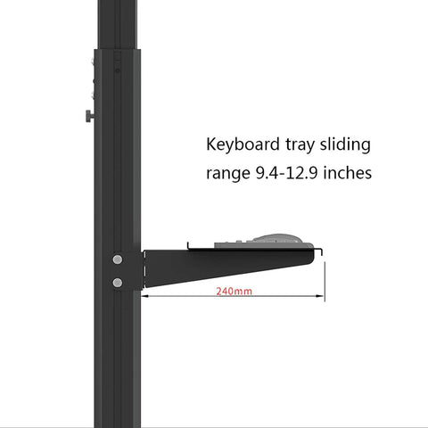 Keyboard tray of Heavy Duty Triple Monitor Rolling Cart with sliding range 9.4-12.9 inches for workspace flexibility.