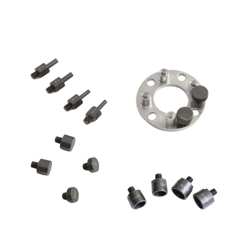 Camshaft pulley holder tool set for VW T10172/T10554; gray metal with circular mounting plate and adapters.