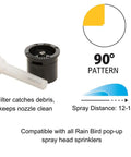 Top Notch Quarter Circle Spray Nozzle Covers Eight To Fifteen Feet showing adjustable spray head and filter for Rain Bird sprinklers.