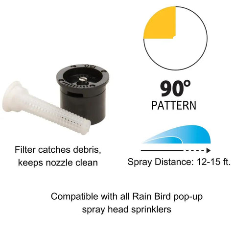 Top Notch Quarter Circle Spray Nozzle Covers Eight To Fifteen Feet showing adjustable spray head and filter for Rain Bird sprinklers.
