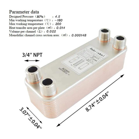 Brazed Plate Heat Exchanger 3x8 Inch 30 Plate Water To Water System Copper And 316L Stainless Steel Three Quarter Inch Male NPT