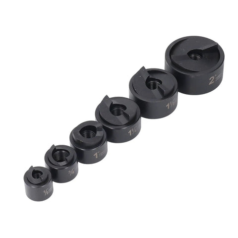 Knockout Punch Set With Six Sizes Manual Ratchet Hole Cutter Kit showing six metal punch sizes lined up from smallest to largest