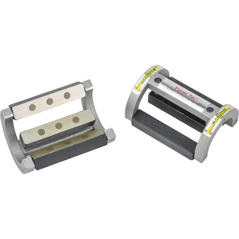 Planer Pal Jig Set for 2.5 To 4 Inch Cutterheads Magnetic Neodymium Holders For HSS Knives Quick No Fuss Knife Setting Keeps Knives In Place While You Work Pair, showing two metal jigs with magnetic surfaces.