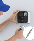 Installer using Beefed-Up Durable Doorbell Screws Kit with T6/T15 Security Screws on doorbell, screwdriver visible