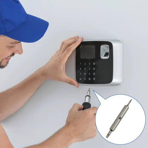 Installer using Beefed-Up Durable Doorbell Screws Kit with T6/T15 Security Screws on doorbell, screwdriver visible
