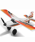Volantex TrainStar RC aircraft with 500mm wingspan, showcasing vibrant orange and white design with prop saver shaft adapter.