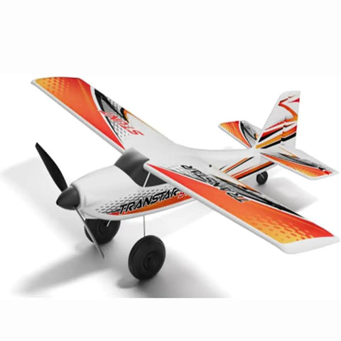 Volantex TrainStar RC aircraft with 500mm wingspan, showcasing vibrant orange and white design with prop saver shaft adapter.