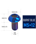 Set of Four Heavy Duty Grade 5 Titanium M5X12mm Bicycle Water Bottle Holder Screws Featuring T25 Torx Heads for Tough Trail Riding and Gnarly Downhill Mods Locking Down Your Ride Gear, burnt blue screw with dimensions.