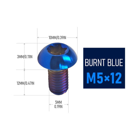 Set of Four Heavy Duty Grade 5 Titanium M5X12mm Bicycle Water Bottle Holder Screws Featuring T25 Torx Heads for Tough Trail Riding and Gnarly Downhill Mods Locking Down Your Ride Gear, burnt blue screw with dimensions.