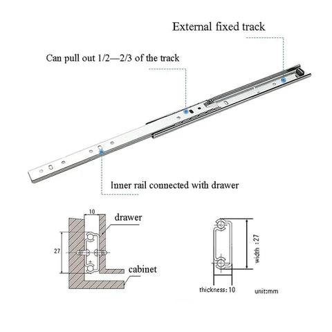 Detailed diagram of Side Mount Drawer Slides With Ball Bearing Tracks For Smooth Glide Built Tough Heavy Duty Metal Drawer Runners For Home Cabinets Soft Close Double Rail Design 2 Pack 8 Inch 200mm, showing external fixed track and measurements.