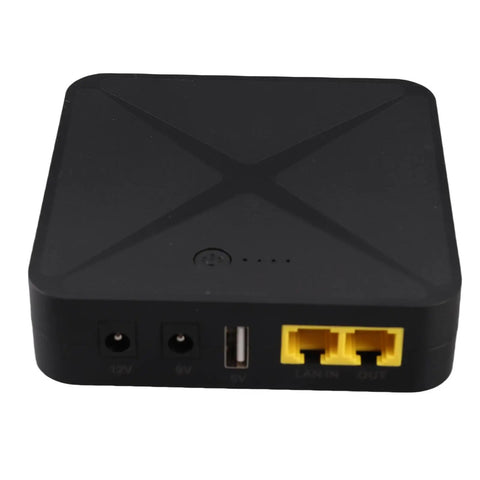 Solid Mini Ups Backup Power With 9000Mah Lithium Battery back view showing 12V, 9V, 5V ports and LAN connections, compact design.