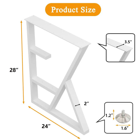 Heavy Duty Table Legs 28 Inch Set Wrought Iron Square Tube Supports Ultra Stable Up To 1200 Lbs DIY 2 Tier Modern Coffee Table Legs Bench And Furniture Legs For Dining Kitchen DIY Projects in white, 28 inch height, showing dimensions and foot detail.