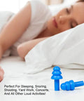 Soft Reusable Silicone Ear Plugs For Swimming Sleeping And Concerts With Individually Wrapped Waterproof Ear Protection shown on bed