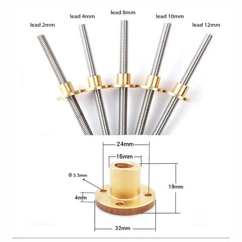 Lead Screw For CNC And 3D Printer With Brass Nut, 2 Or 3 mm Pitch, Threads 2 4 8 10 12 Mm, 304 Stainless Steel