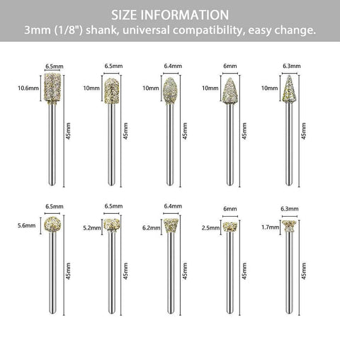 20-pack 60 grit diamond grinding bits for Dremel, 1/8 in shank; stone carving and engraving with assorted shapes.