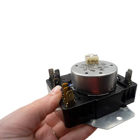 Hand holding Model Specific Clothes Dryer Timer Replacement For Your Dryer 115V 60Hz 3W CW Rotation D Shaft with connectors visible.