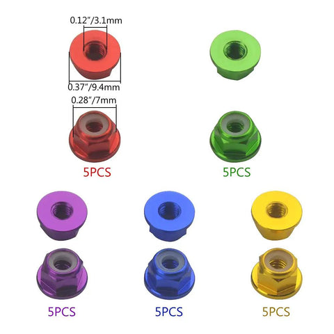 Heavy Duty M4 Aluminum Nylon Lock Nuts 25 Pack Flange Self Locking Inserts For Rc Drone Fpv Builds showing various colors.