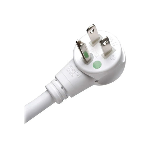 Close-up of plug on Medical Grade Power Strip Go-To For Patient Care Vicinity With 6 Hospital-Grade Outlets, 120V, 15 Ft Right-Angle Cord, UL 1363A White, Ideal For IV Poles, Crash Carts, And Mobile Workstations In ORs