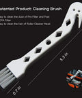 Patented cleaning brush for Dyson V6 vacuum pre and post filters; features 5.3-inch length, indicated on black background.
