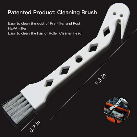 Patented cleaning brush for Dyson V6 vacuum pre and post filters; features 5.3-inch length, indicated on black background.
