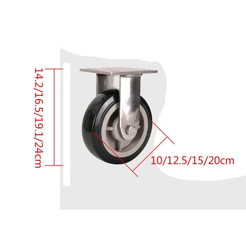 Heavy Duty 304 Stainless Steel Casters Featuring Thick Flat Mounting Brackets And Double Cover Bearings, with black wheels.