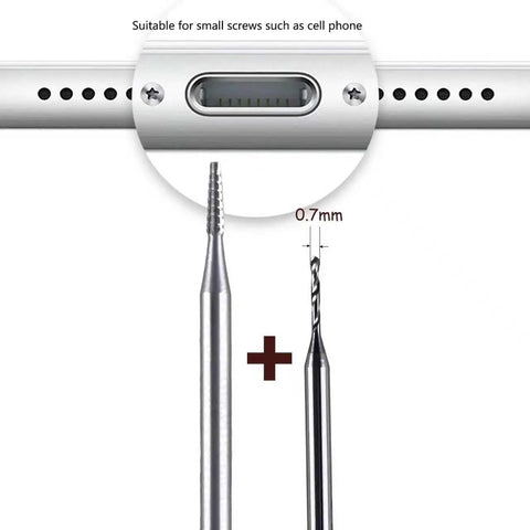 Close-up of Damaged Screw Removal Kit For Cell Phones And Electronics with 0.7mm tungsten drill, suitable for small screws.