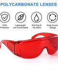 Anti Fog Dental Safety Glasses Ultra Lightweight Protective Eye Shields For Teeth Whitening Lights And Lab Work with red polycarbonate lenses.