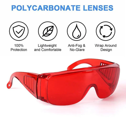 Anti Fog Dental Safety Glasses Ultra Lightweight Protective Eye Shields For Teeth Whitening Lights And Lab Work with red polycarbonate lenses.