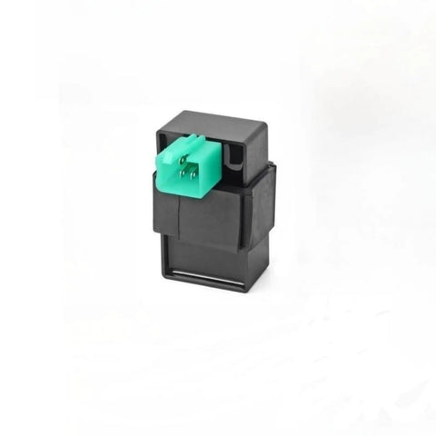 High Performance Ignition Coil Kit With 5 Pin AC CDI Box Voltage Regulator Rectifier Solenoid Relay And Spark Plug For 49cc To 110cc ATVs Go Karts Dirt Bikes Quads And Scooters, showing black CDI box with green connector, close-up view.