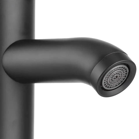 Maqulae Stainless Steel Basin Faucet, Black Tap with Bubbler (Tall) spout close-up showing bubbler design and matte black finish.