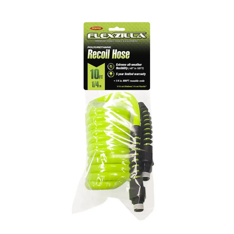 ZillaGreen 1/4 Inch Recoil Air Hose, 10 Feet, All Weather Flexible Polyurethane, packaged with fittings visible