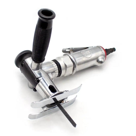 Knockout Pneumatic Jigsaw For Woodworking And Furniture Fab, Portable Air Reciprocating Saw With Swappable Handle, Heavy Duty motor with visible blade.