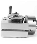 Solid Six Inch Universal Indexing Head For Milling Machines Featuring Heavy Duty Three Jaw Chuck And Cnc Rotary Axis Tailstock Kit angled view of precision head with adjustable features.