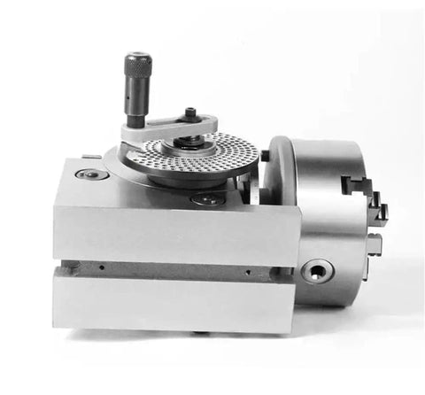 Solid Six Inch Universal Indexing Head For Milling Machines Featuring Heavy Duty Three Jaw Chuck And Cnc Rotary Axis Tailstock Kit angled view of precision head with adjustable features.