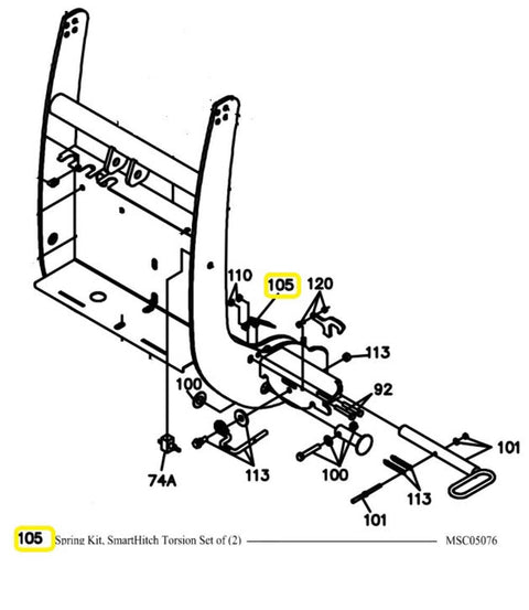 Diagram of Replacement SmartHitch Torsion Spring Kit For Boss Snow Plow MSC05076 Set Of 2 with parts labeled 105 and MSC05076