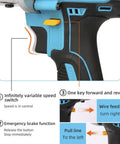 Features of the Badass Cordless Wire Threader And Through Wall Cable Puller with variable speed control and emergency brake.